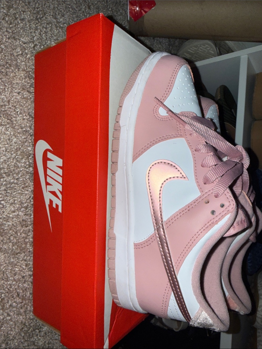Nike Women’s Pink and White Low-Top Sneakers with Metallic Swoosh